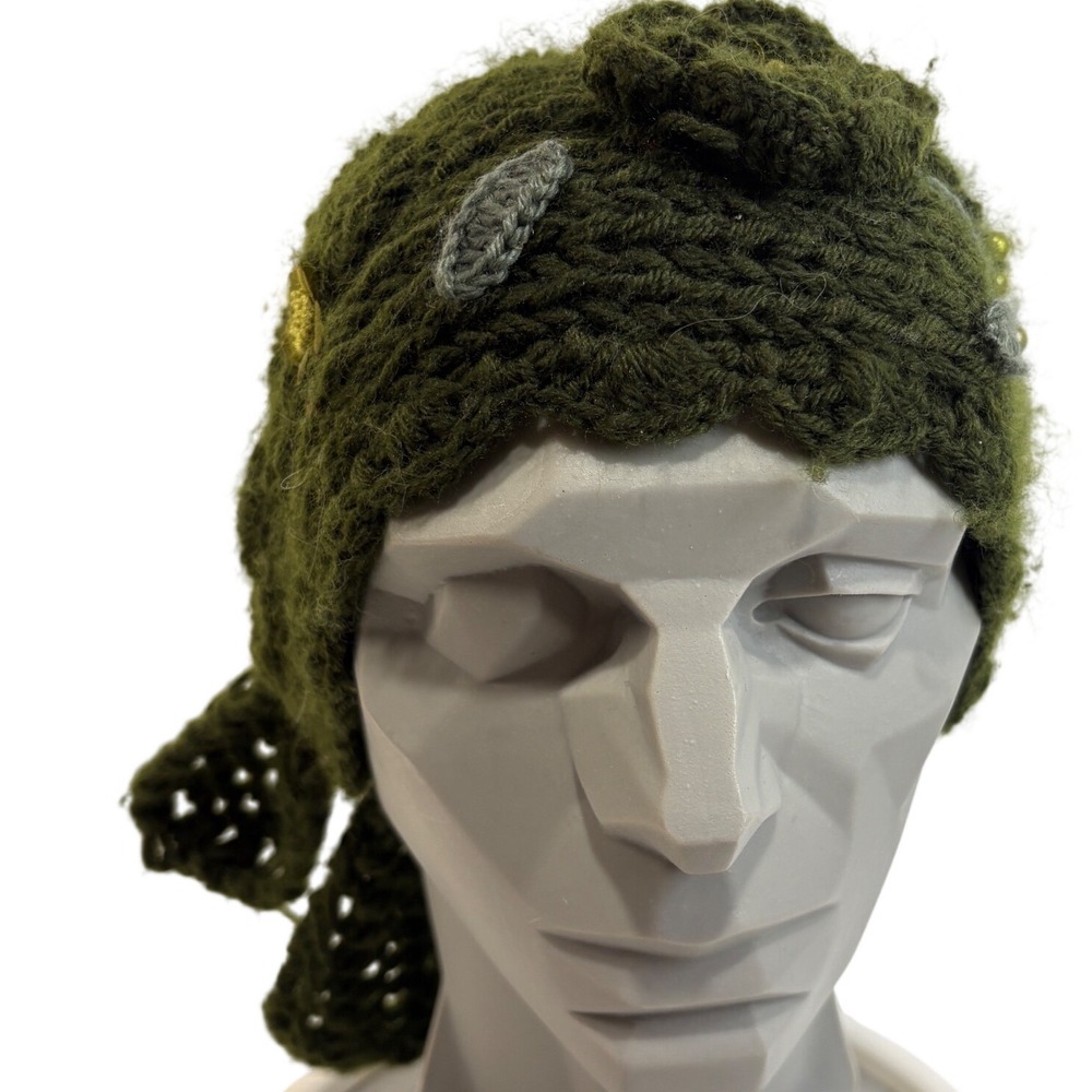 Handmade‎ Crochet Floral Headband Ear Warmer Olive Green Rose Bead Tie Back
